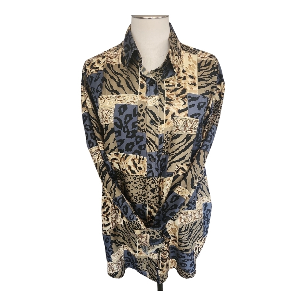 Vintage K. Arnold 100% Silk Animal Print Button-Up Shirt – Size M, Safari Jungle